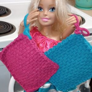 Handmade Hot Pink and Aqua Loom Woven Cotton Potholders